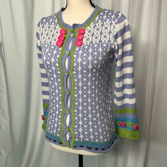 MISSLOOK Periwinkle, White, Blue, Lime Green and Pink Flower Rosette Sweater - Picture 3 of 9
